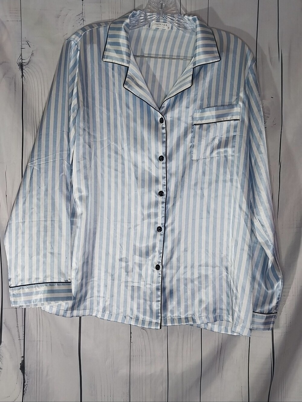 Ekouaer Striped Blue & White Satin Preppy Button-Up Pajama Set